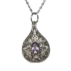 Amethyst Filigree Teardrop Necklace Silver Tone Openwork Pendant 18”